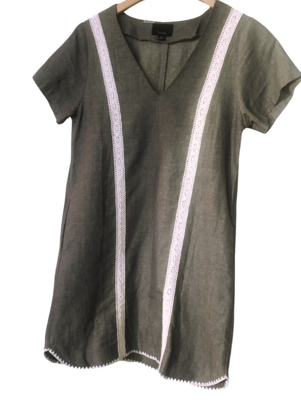 Lumière Linen Cotton Shift Dress Blue Crochet Trim Pockets Size: Small